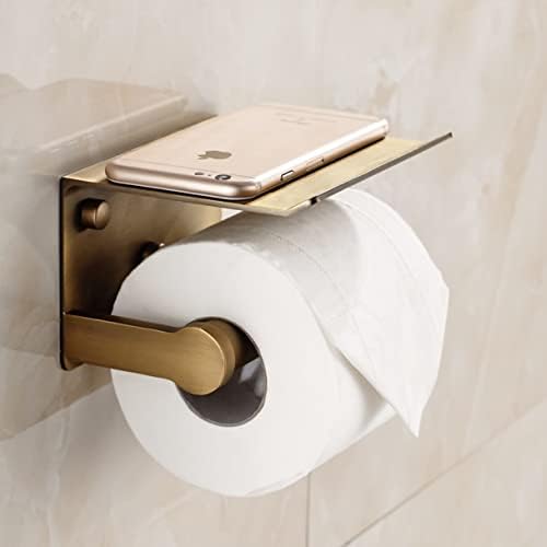 Premium Aluminum Toilet Paper Holder with Storage Shelf GoldBronze 3M Adhesive