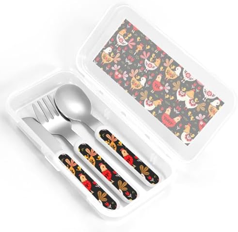 Cute Rooster Chickens Travel Flatware Set for 4 - Self-Feeding Dishwasher Safe