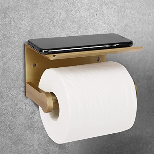 Premium Aluminum Toilet Paper Holder with Storage Shelf GoldBronze 3M Adhesive