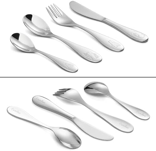 Personalized Kids Silverware Set EIUBUIE 1810 Stainless Steel Metal Toddler Flatware Dinosaur Design