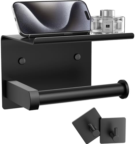 Tindbea Matte Black Toilet Paper Holder with Phone Shelf and Towel Hooks 1