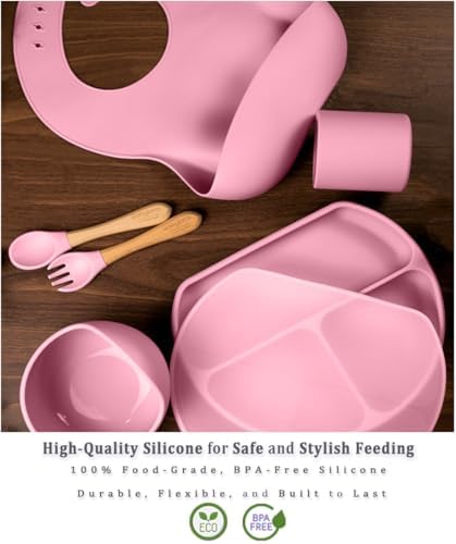 Silicone Baby Led Weaning Set with Bowls and Spoons - 6 Piece Pink