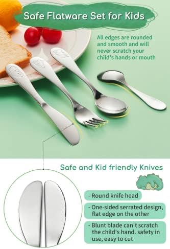 Personalized Kids Silverware Set EIUBUIE 1810 Stainless Steel Metal Toddler Flatware Dinosaur Design