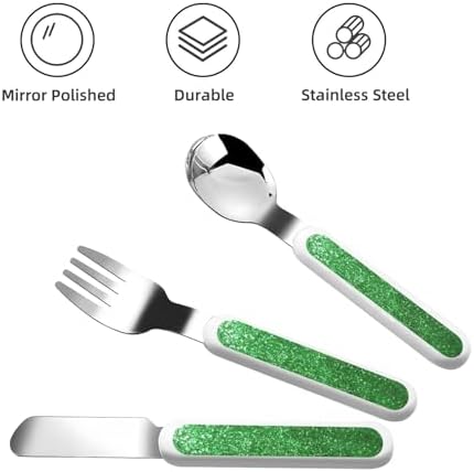 Green Sequin Sparkle Print Stainless Steel Silverware Set with Travel Case