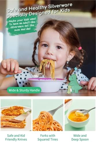 Personalized Kids Silverware Set EIUBUIE 1810 Stainless Steel Metal Toddler Flatware Dinosaur Design