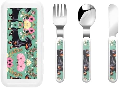 Dachshund Florals Print Stainless Steel Cutlery Set with Travel Case