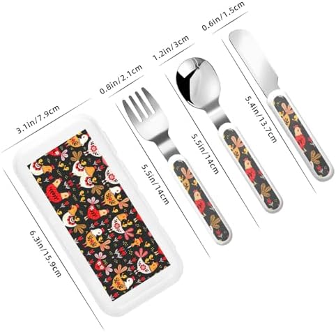 Cute Rooster Chickens Travel Flatware Set for 4 - Self-Feeding Dishwasher Safe