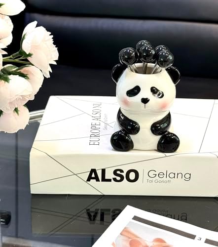 6 Stainless Steel Fruit Forks Panda Holder Set of 6