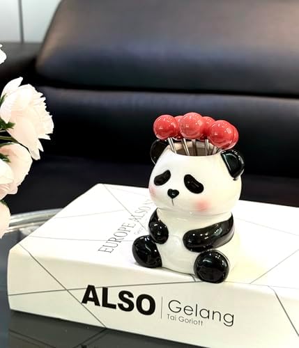 6 Stainless Steel Fruit Forks Panda Holder Set of 6
