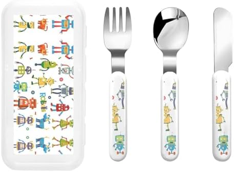 Cartoon Robots Print Stainless Steel Flatware Set with Travel Case