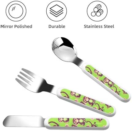 Green Clever Monkey Print Stainless Steel Utensils Set with Travel Case