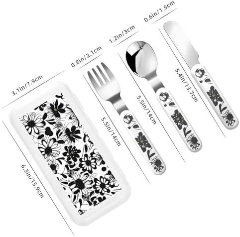 Black White Flowers Print Utensils Set with Travel Case