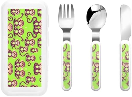 Green Clever Monkey Print Stainless Steel Utensils Set with Travel Case