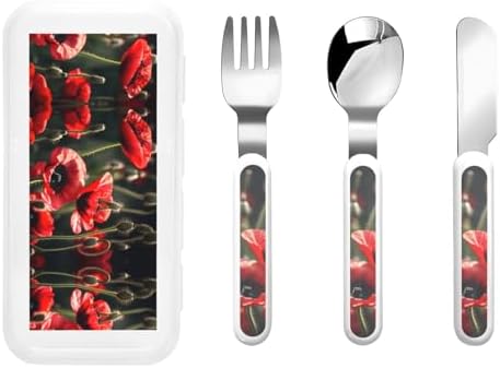 Stylish Red Poppy Utensil Set with Travel Case Stainless Steel BPA-Free