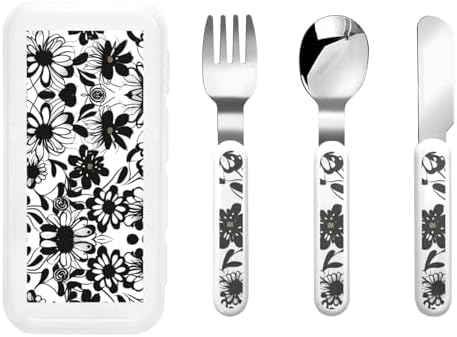 Black White Flowers Print Utensils Set with Travel Case