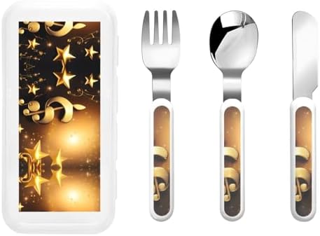 Gold Musical Note with Fallen Shiny Star Print Flatware Set with Travel Case