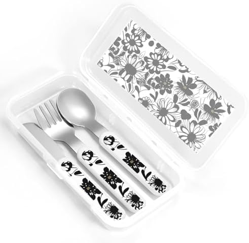 Black White Flowers Print Utensils Set with Travel Case