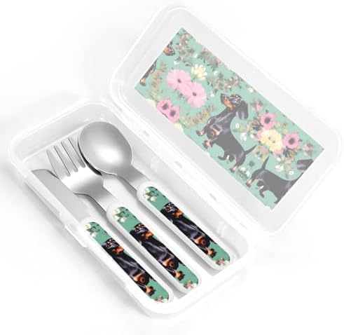 Dachshund Florals Print Stainless Steel Cutlery Set with Travel Case