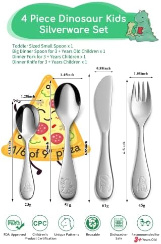 Personalized Kids Silverware Set EIUBUIE 1810 Stainless Steel Metal Toddler Flatware Dinosaur Design