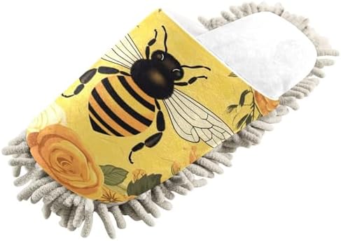 White Bee Yellow Flowers Mop Slippers - Soft Water-Resistant Easy to Clean
