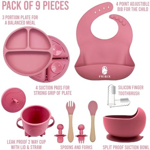 9PC Silicone Baby Feeding Set with Suction Bowl Plate