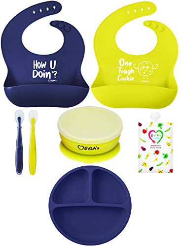 EVLAS Baby Feeding Set Silicone Bibs Divided Plate Suction Bowl Soft Spoons