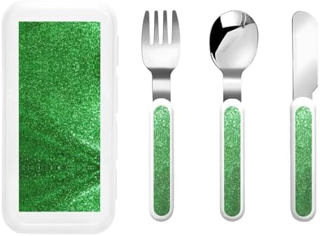 Green Sequin Sparkle Print Stainless Steel Silverware Set with Travel Case