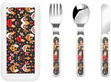 Cute Rooster Chickens Travel Flatware Set for 4 - Self-Feeding Dishwasher Safe