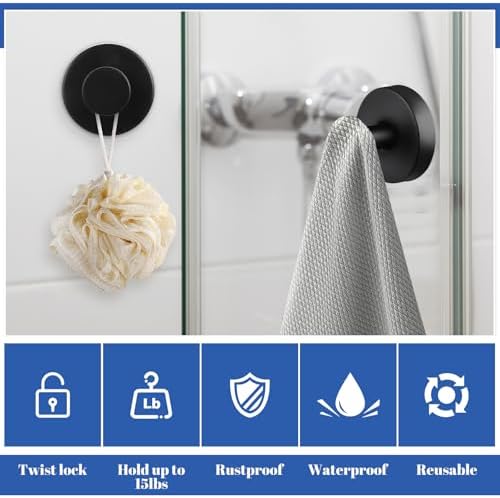 Vacuum Suction Cup Hooks 4 Pack Black for Bathroom Towel Holders