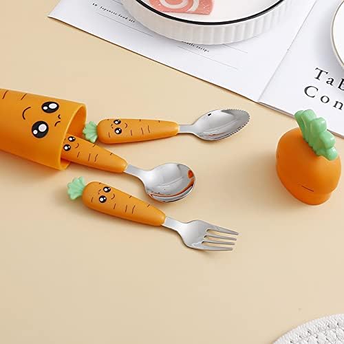JENPECH Toddler Stainless Steel Utensils Set with Cartoon Carrot Design
