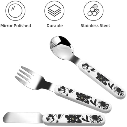 Black White Flowers Print Utensils Set with Travel Case