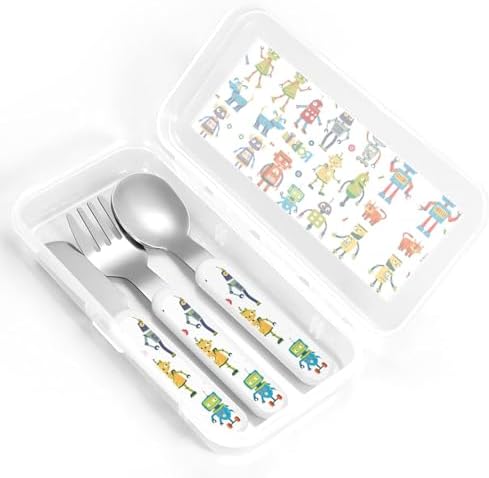 Cartoon Robots Print Stainless Steel Flatware Set with Travel Case