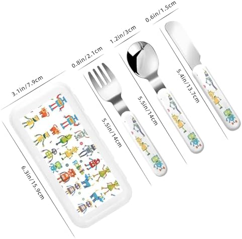 Cartoon Robots Print Stainless Steel Flatware Set with Travel Case