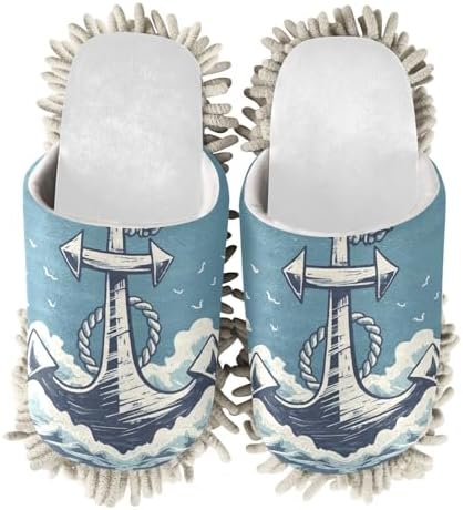 RunningBear White Anchor Nautical Mop Slippers for Home Kitchen