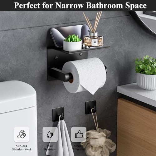 Tindbea Matte Black Toilet Paper Holder with Phone Shelf and Towel Hooks 1