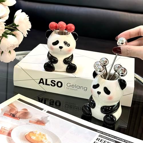 6 Stainless Steel Fruit Forks Panda Holder Set of 6