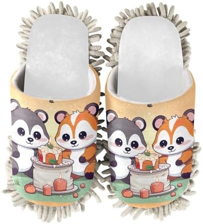 White Panda Fox Birthday Mop Slippers for Women Cozy Functional