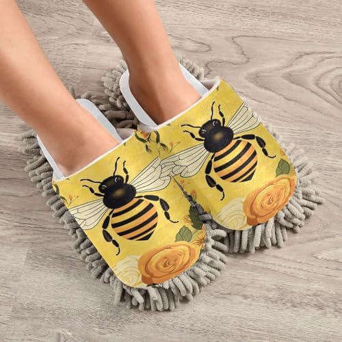 White Bee Yellow Flowers Mop Slippers - Soft Water-Resistant Easy to Clean
