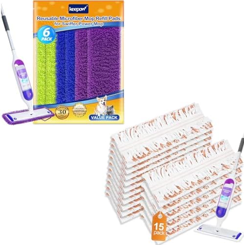 15 Pack Disposable Mopping Pads 6 Reusable Swiffer Power Mop Refills