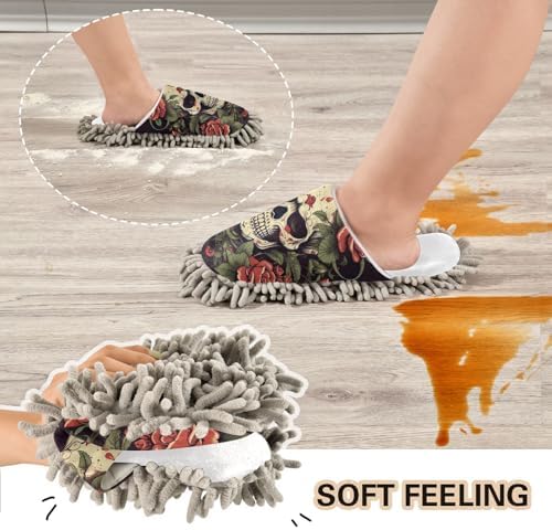 Running Bear White Skulls Rose Mop Slippers
