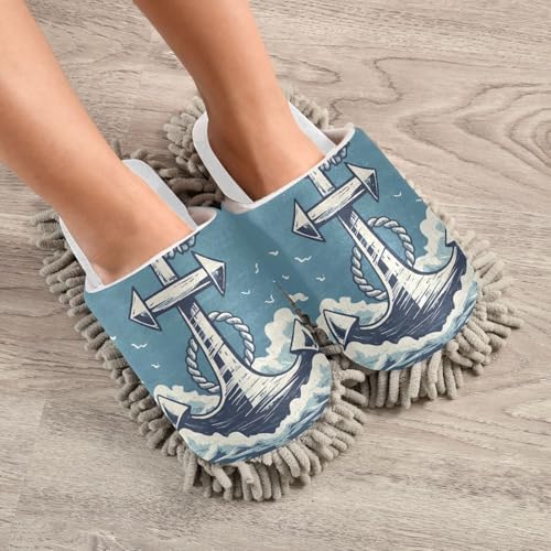 RunningBear White Anchor Nautical Mop Slippers for Home Kitchen
