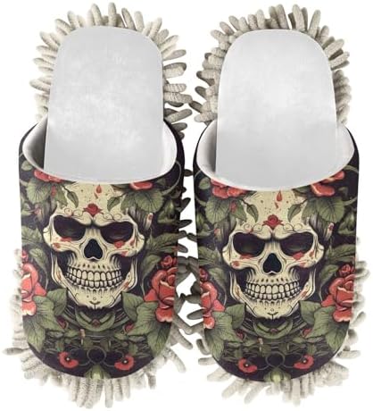 Running Bear White Skulls Rose Mop Slippers
