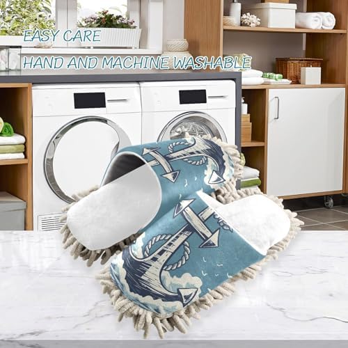 RunningBear White Anchor Nautical Mop Slippers for Home Kitchen