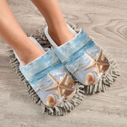 White Seashell Sand Beach Starfish Mop Slippers Womens MediumWomens Large
