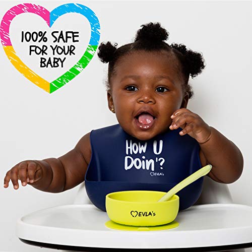 EVLAS Baby Feeding Set Silicone Bibs Divided Plate Suction Bowl Soft Spoons