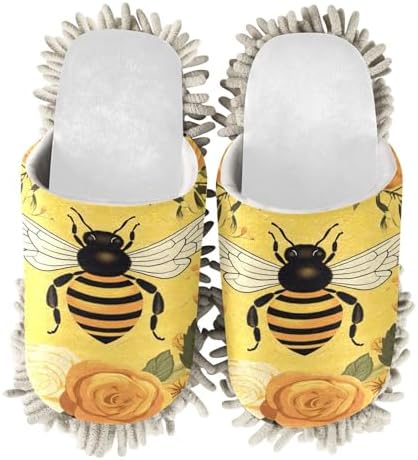 White Bee Yellow Flowers Mop Slippers - Soft Water-Resistant Easy to Clean