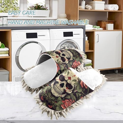 Running Bear White Skulls Rose Mop Slippers