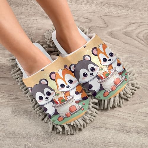 White Panda Fox Birthday Mop Slippers for Women Cozy Functional