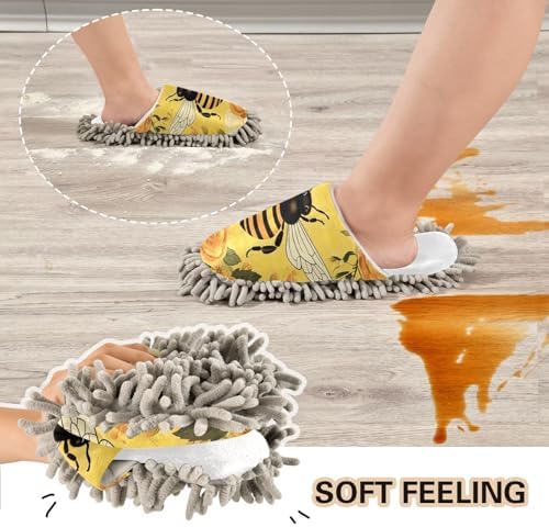 White Bee Yellow Flowers Mop Slippers - Soft Water-Resistant Easy to Clean