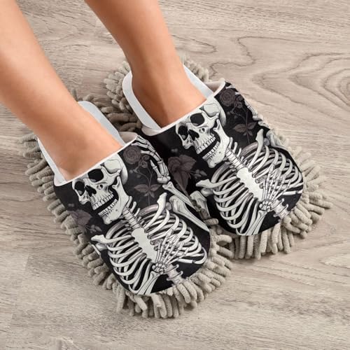 White Skeleton Florals Mop Slippers Easy Mopping Cozy Design